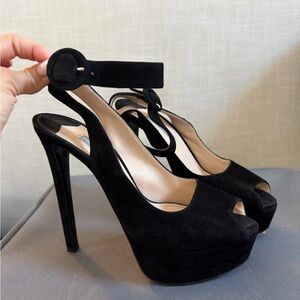 Authentic Prada Black Suede Peep-Toe Platform Heels with Ankle Strap size 37.5